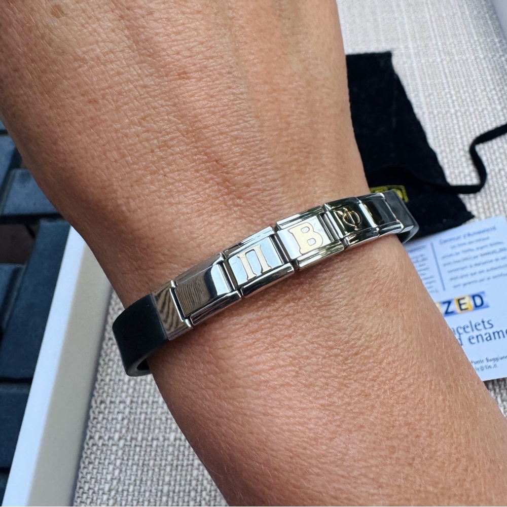 Pi Beta Phi Manuel Zed Stamped Stainless Steel Link Charm Bracelet